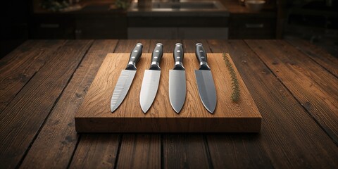 Four kitchen knives arranged on an oak chopping board, highlighting food prep tools and safety measures