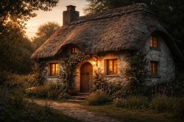 Fototapeta premium Rural cottage featuring handmade thatched roof and textured rustic wall facade