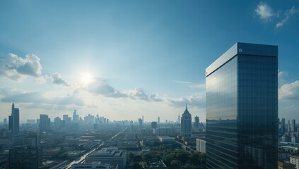 Contemporary cityscape with solar energy installations, urban sustainable technology