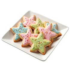 Colorful Star-Shaped Cookies with Icing and Sprinkles on a Plate on transparent background