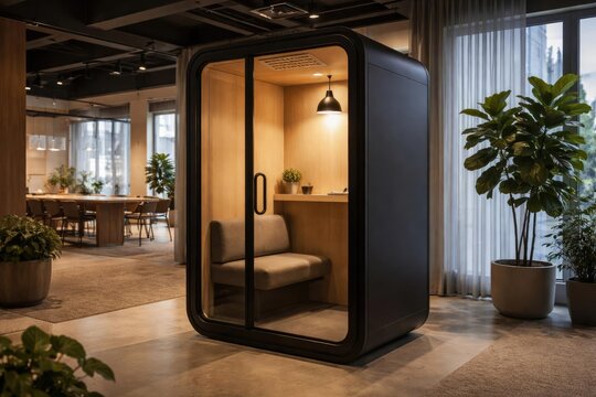 Warmly illuminated soundproof phone booth enhancing privacy in contemporary office design