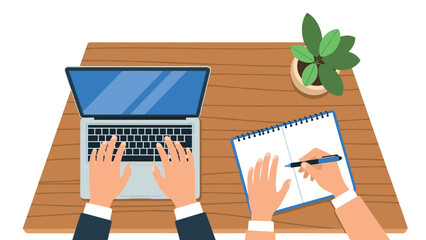 Productive workspace with laptop and notebook on wooden desk with plant