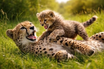 Obraz premium Joyful cheetah mother playing with cub on lush green grasslands in summer