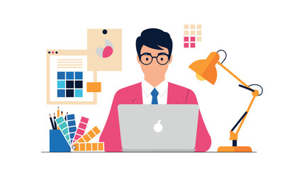 Graphic designer at work desk with laptop and creative tools in flat style