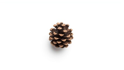 Brown pine cone with complex scales isolated on white surface, emphasizing seasonal change, Earth Day