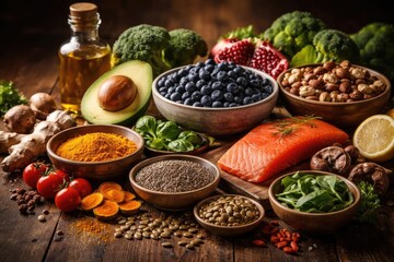 Superfoods containing essential vitamins antioxidants and omega 3 fatty acids for brain and immune boost