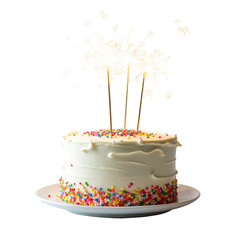 Festive Birthday Cake with Sparklers and Colorful Sprinkles on a Plate on transparent background
