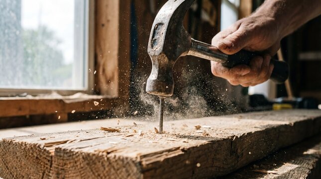 Close-up of a skilled carpenter's hand hammering a nail into rustic wood plank, creating flying sawdust in a workshop.