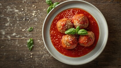Meatballs made from pork in a rich tomato sauce with garlic and basil, focusing on protein-rich meals, dinner setting, World Food Day