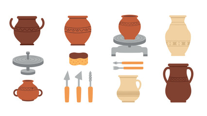 Pottery tools and clay vases set with crafting wheel icons