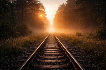 Obraz premium Sunlit railroad fading into a peaceful misty dawn