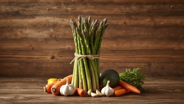 A variety of vegetables including green asparagus displayed on a rustic wooden background, emphasizing fresh produce - Powered by Adobe