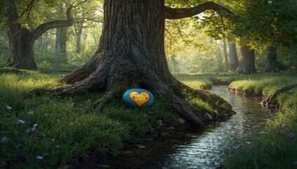 Heart-shaped painted rock among trees in a nook, emphasizing natural art and environmental awareness