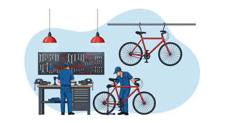 Two Mechanics Repairing Bicycle in Workshop.
