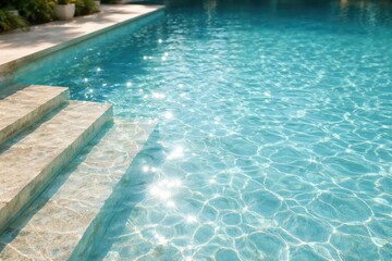 Bright reflections on tranquil swimming pool water with stone steps and copy space