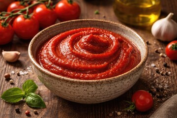 Organic tomato paste in a ceramic bowl with natural texture