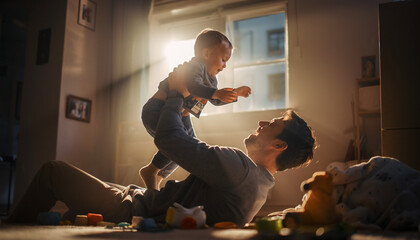 Loving Father and Son having Family Time, Playful Moment in Bright Modern Home Interior