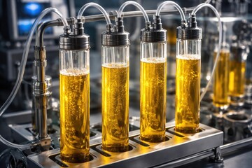 Science lab close up of transparent tubes filled with thick yellow fluid for studying refinement of fuel products