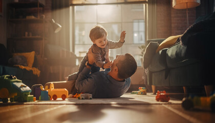 Loving Father and Son having Family Time, Playful Moment in Bright Modern Home Interior