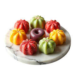 Colorful Decorative Fruits on a Marble Plate for Culinary Display and Presentation on transparent background