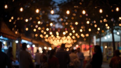 Naklejka premium Bokeh effect from illuminated bulbs at a night street market, used as a background for urban event layouts