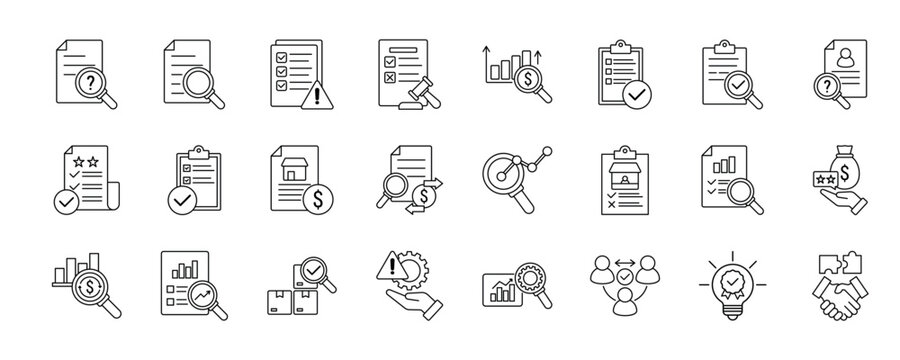Due diligence icon. Investigation, Research, Risk Assessment, Legal Examination, Financial Analysis, Compliance Check, Document Review, Background Check, Audit and more. EPS 10.