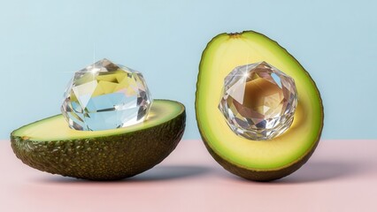 Half Avocado With Diamond Inside On Pink And Blue Background Studio Shot