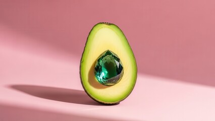 Half Avocado With Emerald Gemstone Center Soft Pink Background Dramatic Shadow Light
