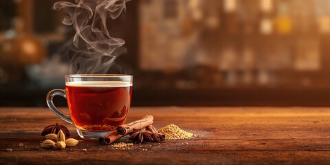 Glass mug of masala tea infused with cardamom, star anise, and cinnamon, spice blend for flavor enhancement, World Tea Day