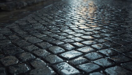 Rain-soaked pavement stones create a textured surface ideal for background layering in cityscape design
