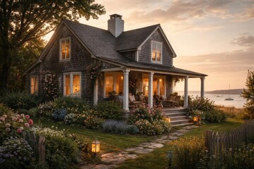 Peaceful countryside scene with a vintage style rustic house showcasing coastal architectural charm