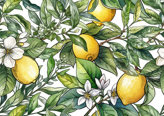 Lemons and tea botanical seamless pattern. Hand-drawn citrus fruit, tea leaves, flowers, and branches in vintage style. Natural, organic motif for textile, wallpaper, food, drink, kitchen projects.