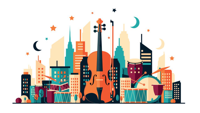 Musical cityscape: urban symphony with instruments and skyline in retro style