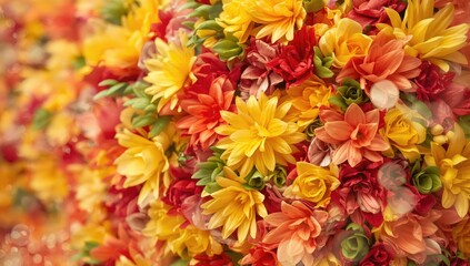 Bright artificial flowers creating a multicolored floral pattern suitable for decorative backgrounds in digital and print media