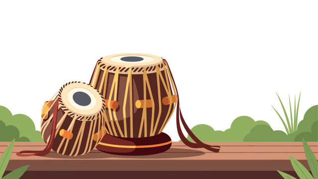 Colorful tabla drum set on wooden stage with greenery in background