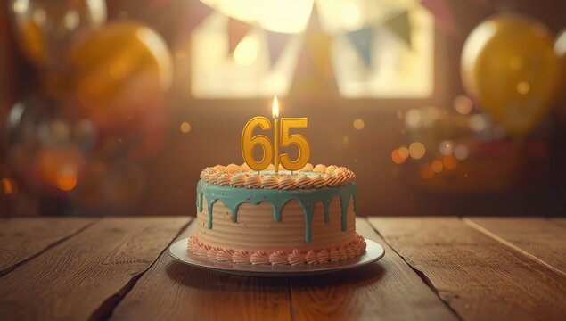 Celebratory cake topped with number 65 candle for milestone birthday, with colorful icing