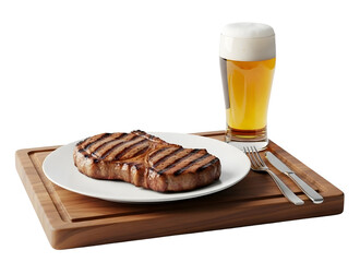 Grilled steak on white plate with beer on wooden board transparent background