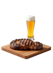 Grilled steak on wooden board with glass of beer isolated on white transparent background