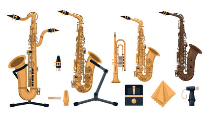 Collection of wind instruments with saxophones and trumpet in flat style