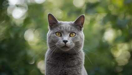 Fototapeta premium Close-up of a grey cat's face on an abstract green background, suitable for editorial header design