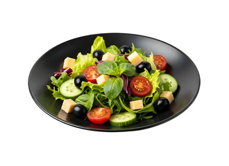 Mixed salad with lettuce tomatoes olives cheese and cucumbers on black plate transparent background