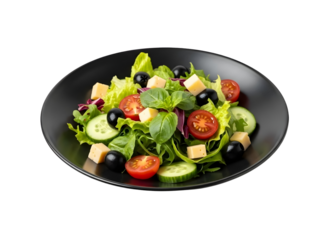 Mixed salad with lettuce tomatoes olives cheese and cucumbers on black plate transparent background