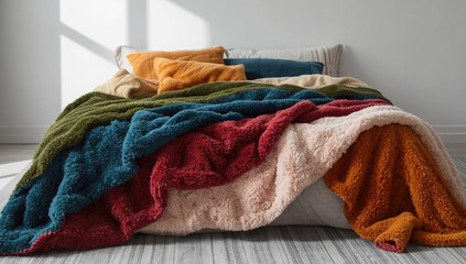 Multiple soft plush blankets in vibrant colors forming a layered surface, ideal for editorial header backgrounds