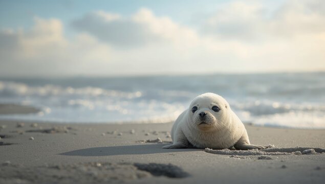 Seaside scene with an Atlantic Grey Seal Pup on the beach, highlighting marine mammal early life stages