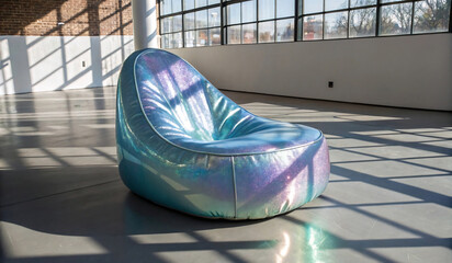Futuristic Iridescent Lounge Chair Glowing in a Sun-Drenched Modern Architectural Space with Unique Shadows