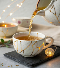 Elegant moment of golden-accented teapot pouring soothing hot tea into a handcrafted kintsugi cup