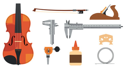 Musical instrument making tools set with violin and craft equipment