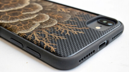 Intricate organic fungal growth pattern on a modern smartphone case with carbon fiber texture