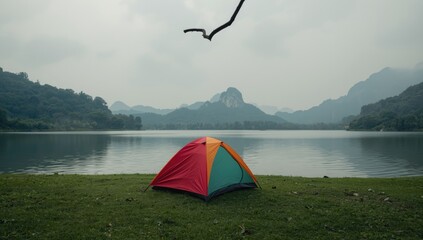 A waterfront camping tent illuminated by natural light, suitable for outdoor leisure activities