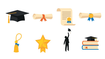 Educational symbols: graduation hats, diplomas, and academic achievements